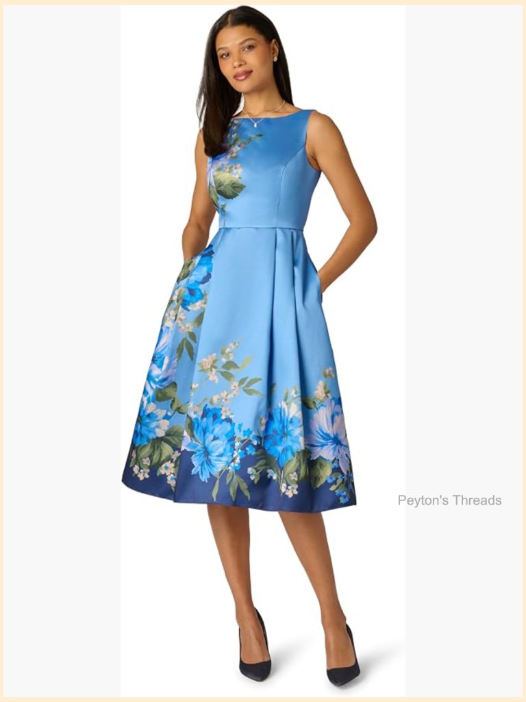 Midi Dress Fit & Flare Boat Neck Sleeveless Floral